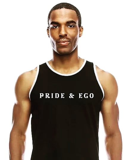 Man Wearing a Black Wife Beater With Pride and Ego Printed