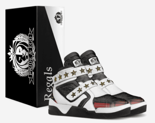 A black and white rubber shoes with gold stars