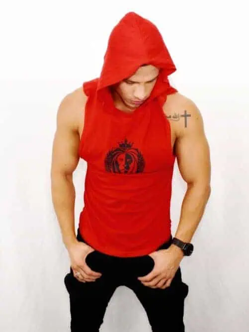 A Red Color Sleeveless Hoodie With Black Design Printed