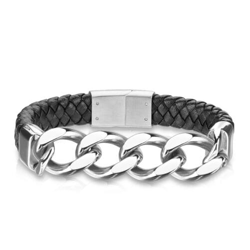 A Leather Woven Bracelet With Metallic Chain