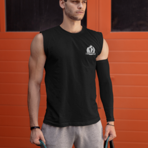 A Sleeveless Black Color Top With Black Athletic Band