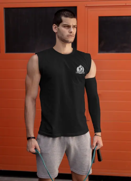A Sleeveless Black Color Top With Black Athletic Band