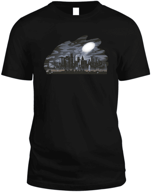 A black shirt with a print of the sky and buildings