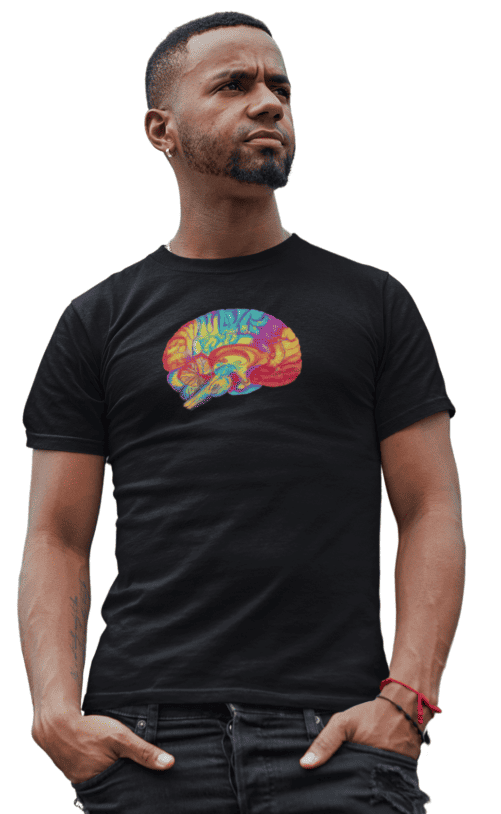 A man wearing a black shirt with a colorful brain design