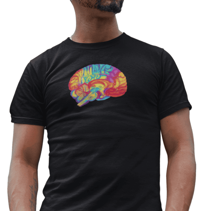 A man wearing a black shirt with a colorful brain design
