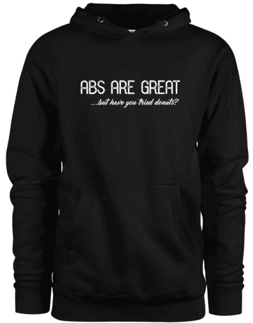 A men’s black jacket with a white text that says abs are great