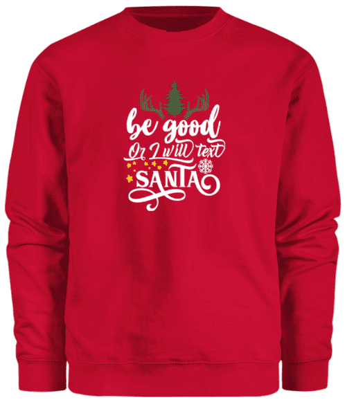 A red sweater with a Christmas-themed design