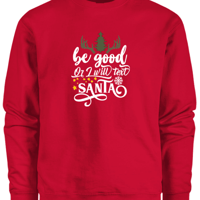 A red sweater with a Christmas-themed design