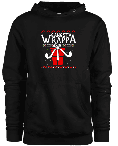 A black hoodie with a gift design in front