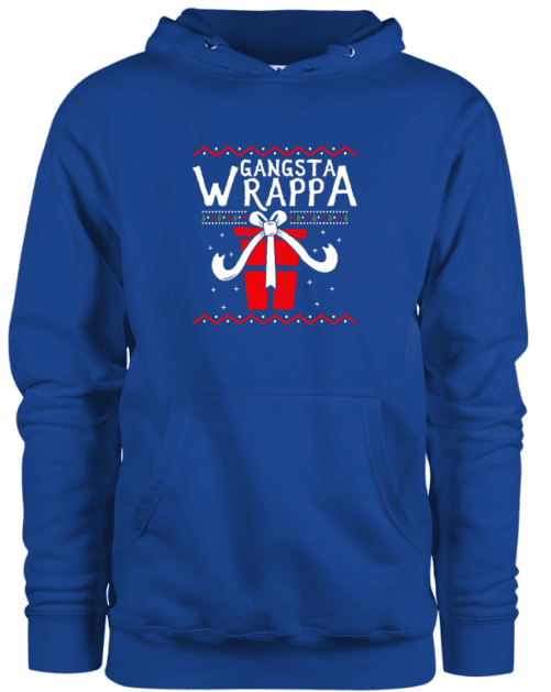 A royal blue hoodie with a design in front