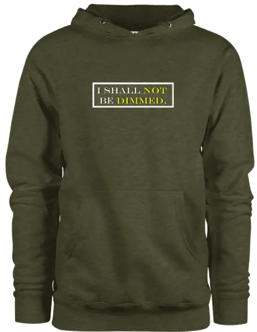 An army green hoodie with text and a white background