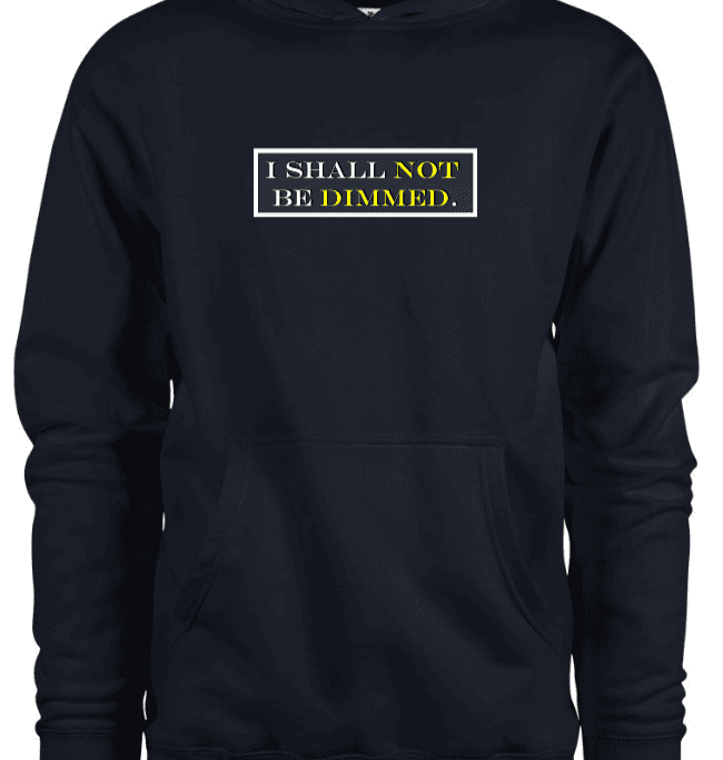 A navy blue hoodie with text and a white background