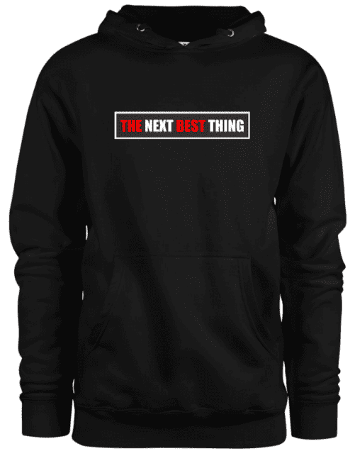 A black hoodie with red and white text and a white background