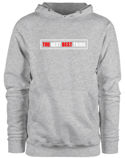 A gray hoodie with red and white text and a white background