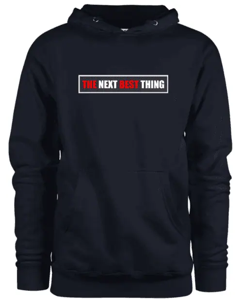 A navy blue hoodie with a red and white text