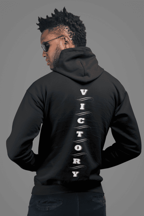 A man showing the back of a hoodie