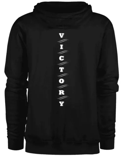 A black hoodie with a white text on the back that says victory