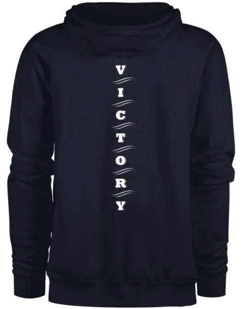 A dark blue hoodie with a text on the back