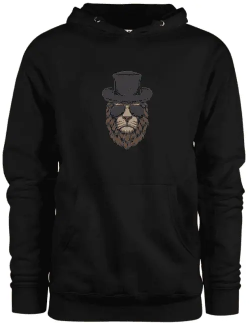 A black hoodie with a lion wearing a hat and eyeglasses design