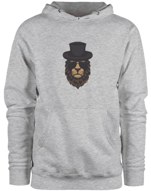A gray hoodie with a lion wearing a hat and eyeglasses design