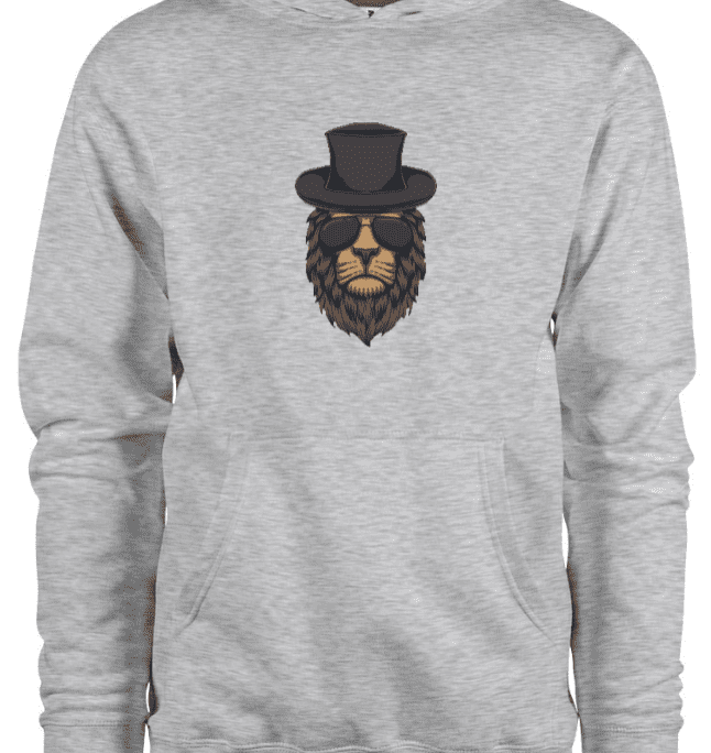 A gray hoodie with a lion wearing a hat and eyeglasses design