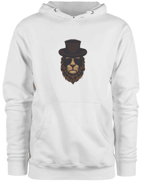 A white hoodie with a lion wearing a hat and eyeglasses design