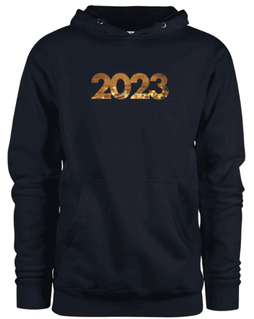 A navy hoodie with 2023 design