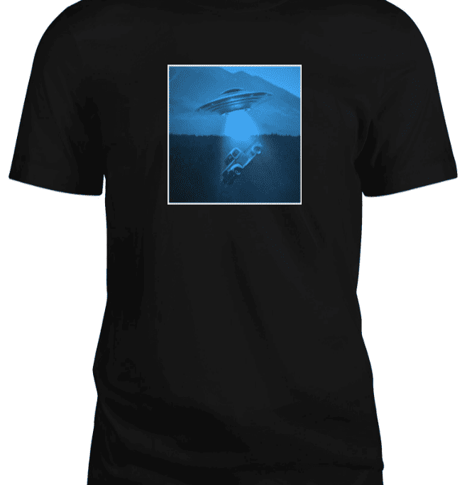 A black T-shirt with a UFO and a car design