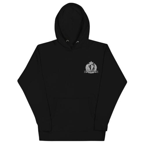 A black hoodie with a small company logo in front