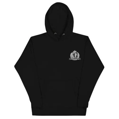 A black hoodie with a small company logo in front