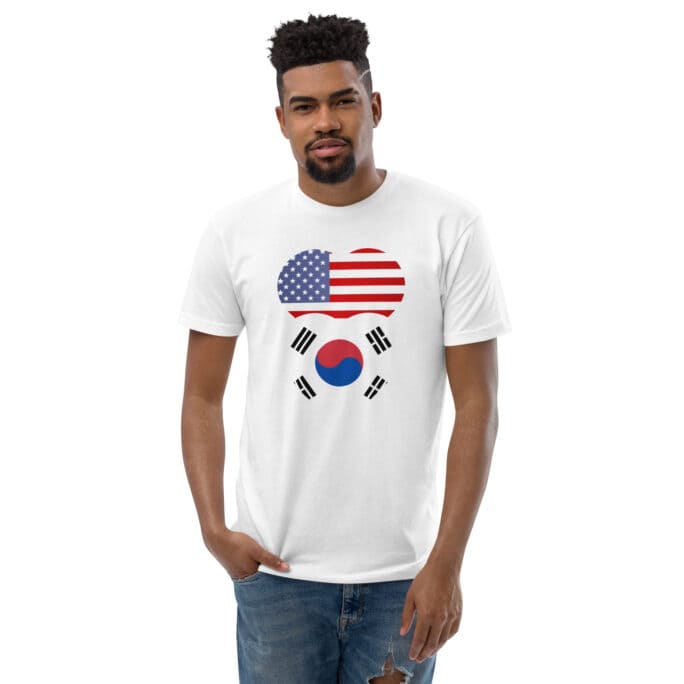 A man wearing a shirt with flags of South Korea and America design