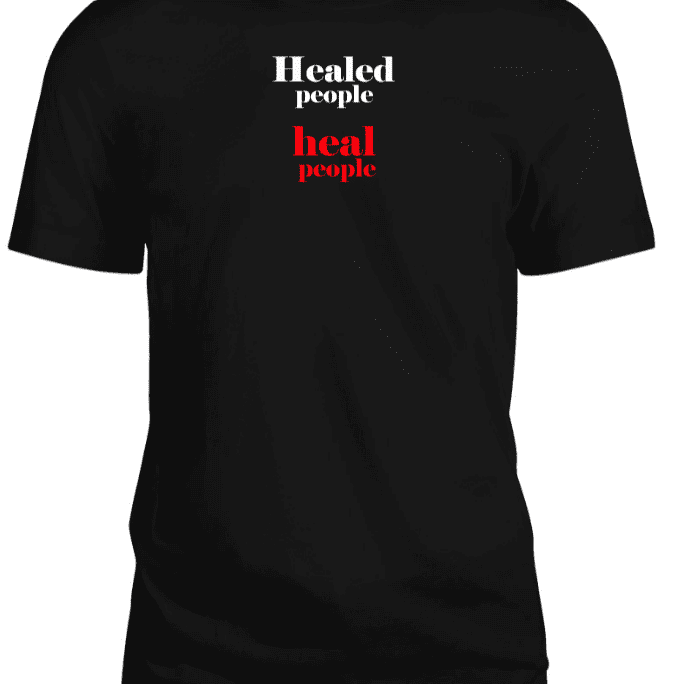 A black shirt with white and red print