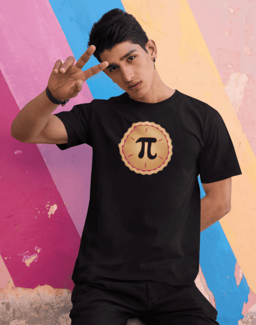 A man wearing a shirt with pie and pi sign