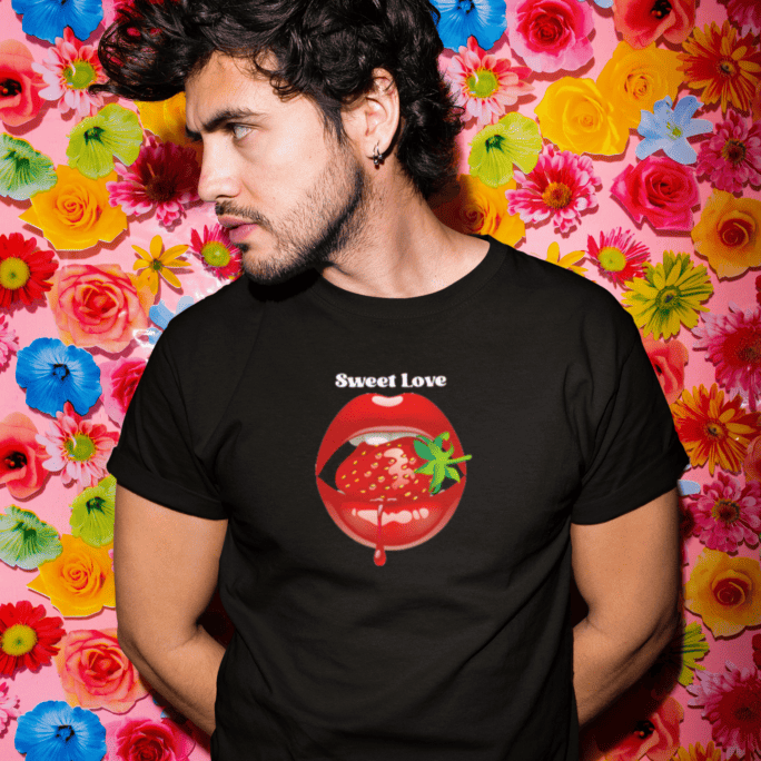A man wearing a black shirt with lips and strawberry design