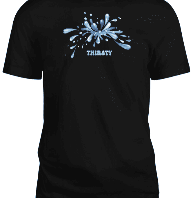 A black T-shirt with blue print and text